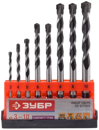 Набор ЗУБР Свёрла &quot;СУПЕР-6&quot; по бетону, ударные, с шестигранным хвостовиком, 3; 4; 5; 6; 6; 8; 8; 10мм, 8шт 2916-H8_z01 купить в Ижевске