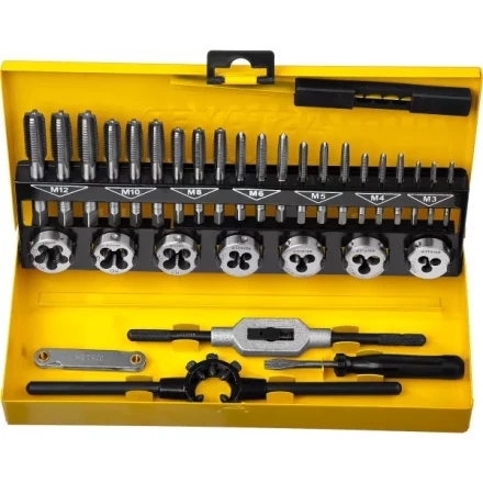 Набор метчиков и плашек STAYER &quot;MASTER&quot;, плашки 7шт, метчики компл. 21шт, метчикодерж. 1шт, плашкодерж. 1шт, резьбомер 1шт, отвертка 1шт, 32 предмета 28014-H32 купить в Ижевске