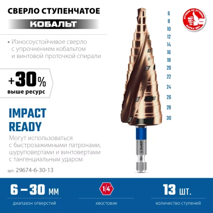 ЗУБР КОБАЛЬТ 6-30мм, 13 ступеней, винтовая проточка, сверло ступенчатое, ПРОФЕССИОНАЛ (29674-6-30-13) купить в Ижевске