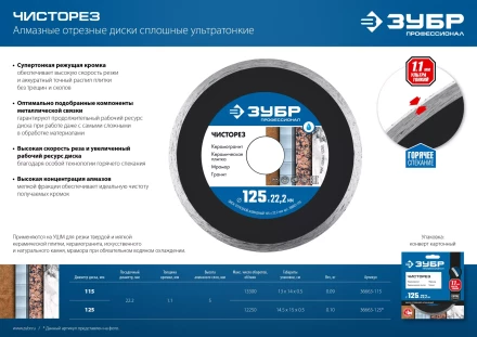 ЗУБР Чисторез, 115 мм, (22.2 мм, 5 х 1.1 мм), сплошной алмазный диск, Профессионал (36663-115) купить в Ижевске