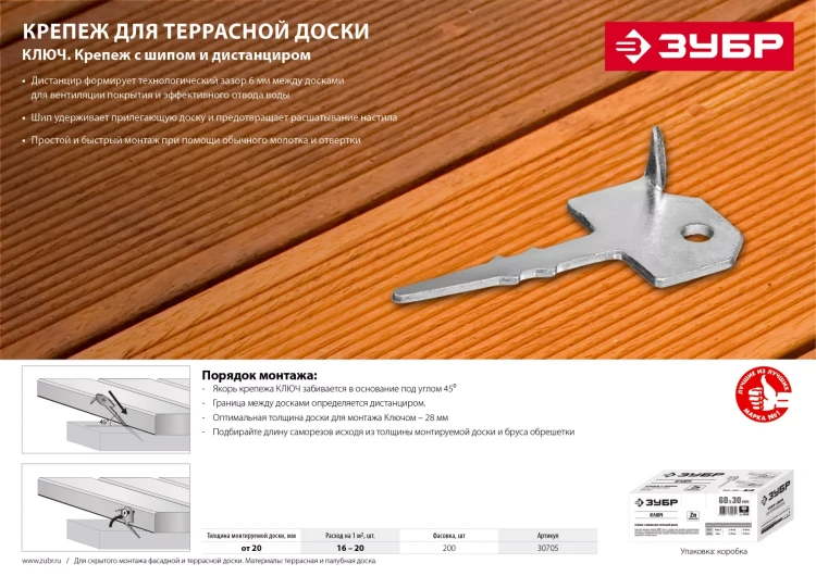 Крепеж Ключ с шипом для террасной доски серия МАСТЕР купить в Ижевске