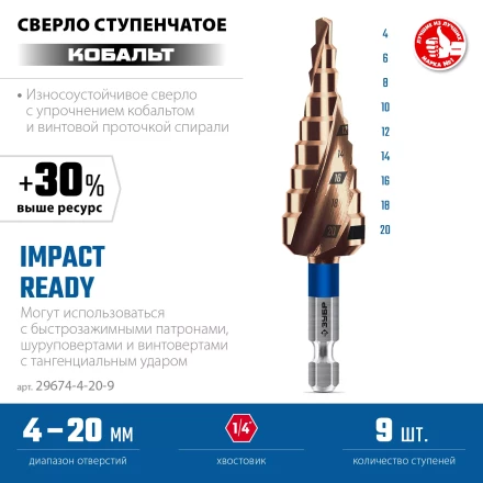 ЗУБР КОБАЛЬТ 4-20мм, 9 ступеней, винтовая проточка, сверло ступенчатое, серия Профессионал(29674-4-20-9) купить в Ижевске