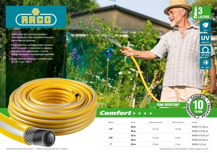 Шланг RACO COMFORT поливочный, 25атм., армированный, 3-х слойный, 3/4&quot;х50м 40303-3/4-50_z01 купить в Ижевске