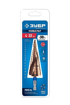 ЗУБР КОБАЛЬТ 4-32мм, 15 ступеней, винтовая проточка, сверло ступенчатое, ПРОФЕССИОНАЛ (29674-4-32-15) купить в Ижевске
