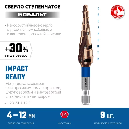 ЗУБР КОБАЛЬТ 4-12мм, 9 ступеней, винтовая проточка, сверло ступенчатое, серия Профессионал(29674-4-12-9) купить в Ижевске