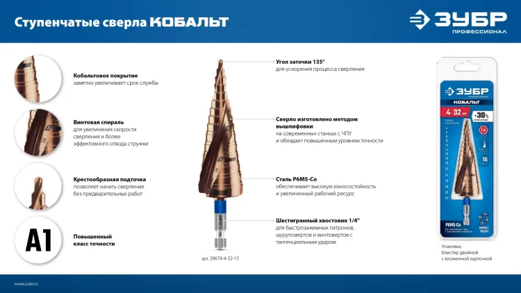 ЗУБР КОБАЛЬТ 4-12мм, 9 ступеней, винтовая проточка, сверло ступенчатое, серия Профессионал(29674-4-12-9) купить в Ижевске