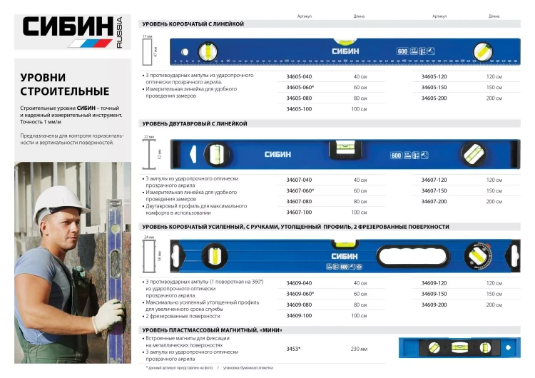 Уровень СИБИН двутавровый, 3 ампулы, измерительная линейка, 100см 34607-100 купить в Ижевске
