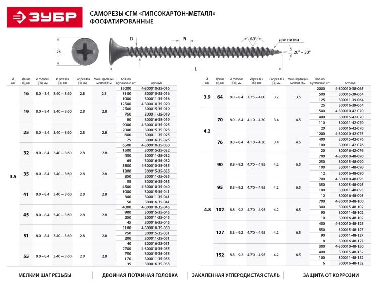 Саморезы фосфатированные с мелкой резьбой, гипсокартон-металл, ЗУБР 4-300010-35-055, PH2, 3,5 х 55 мм, 2700 шт 4-300010-35-055 купить в Ижевске