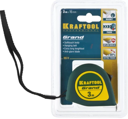 Рулетка KRAFTOOL GRAND, обрезиненный пластиковый корпус, 3м/16мм 34022-03-16 купить в Ижевске