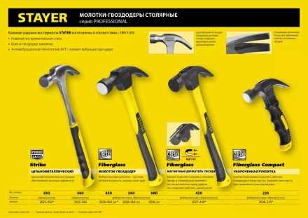 Молоток-гвоздодер &quot;Fiberglass&quot; с фиберглассовой рукояткой, 560 г, STAYER Professional 2026-560_z01 купить в Ижевске