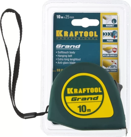 Рулетка KRAFTOOL GRAND, обрезиненный пластиковый корпус, 10м/25мм 34022-10-25 купить в Ижевске
