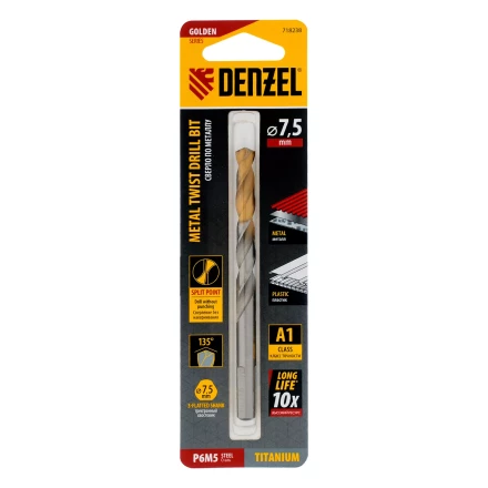 Сверло спиральное по металлу Denzel 7,5 x 109 мм, Р6М5, Golden Tip, 718238 купить в Ижевске