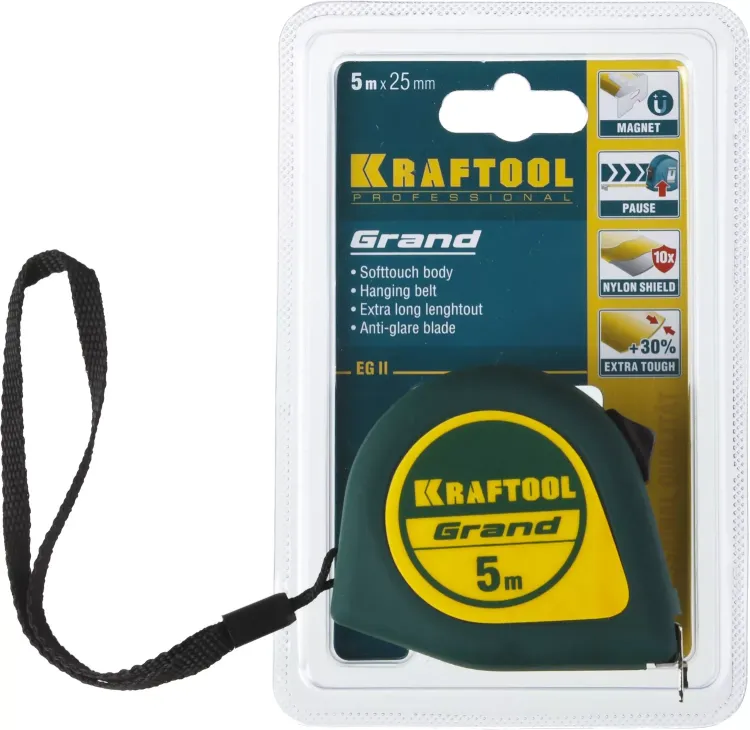 Рулетка KRAFTOOL GRAND, обрезиненный пластиковый корпус, 5м/25мм 34022-05-25 купить в Ижевске
