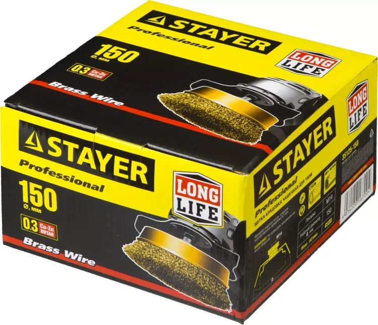 STAYER "PROFESSIONAL". Щетка чашечная для УШМ, витая стальная латунированная проволока 0,3мм, 150ммхМ14 35125-150 купить в Ижевске