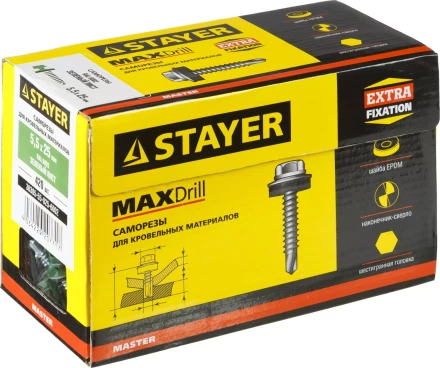 Саморезы СКМ кровельные, RAL 6002 зеленый лист, 25 x 5.5 мм, 420 шт, для металлических конструкций, STAYER 30305-55-025-6002 купить в Ижевске