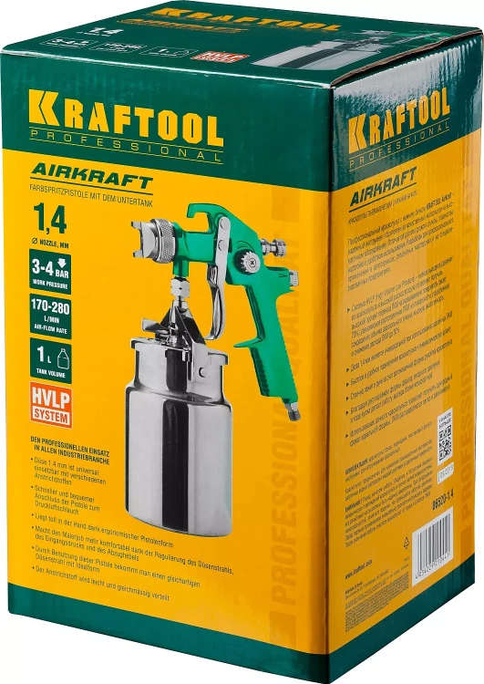 Краскопульт пневматический KRAFTOOL AirKraft, HVLP, с нижним бачком, 1,4мм 06520-1.4 купить в Ижевске