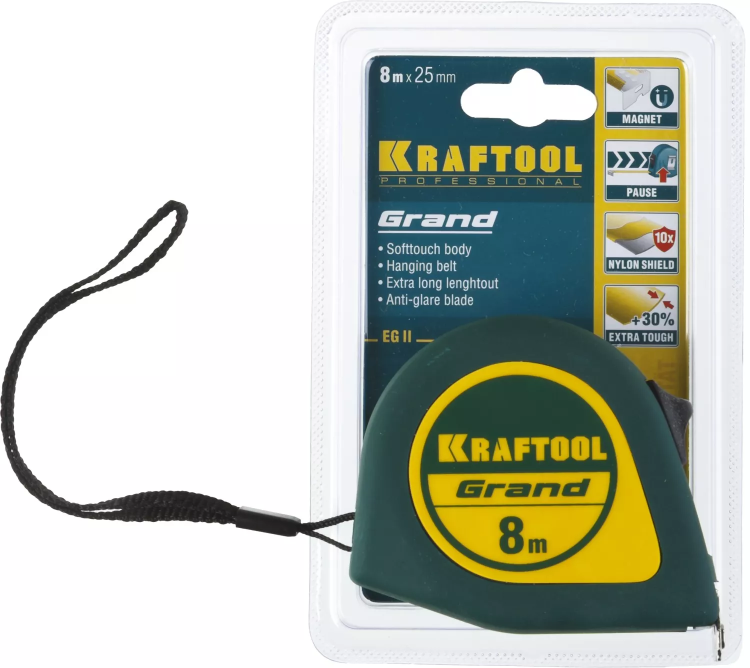 Рулетка KRAFTOOL GRAND, обрезиненный пластиковый корпус, 8м/25мм 34022-08-25 купить в Ижевске