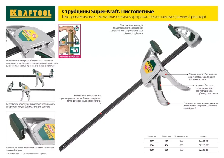 Струбцина, KRAFTOOL 32011-050-200, тип "F", DIN 5117, двухкомпонентная ручка, 50х200мм 32011-050-200 купить в Ижевске