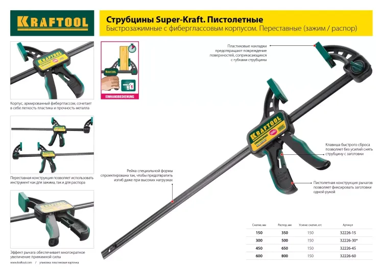 Струбцина, KRAFTOOL 32011-050-200, тип "F", DIN 5117, двухкомпонентная ручка, 50х200мм 32011-050-200 купить в Ижевске