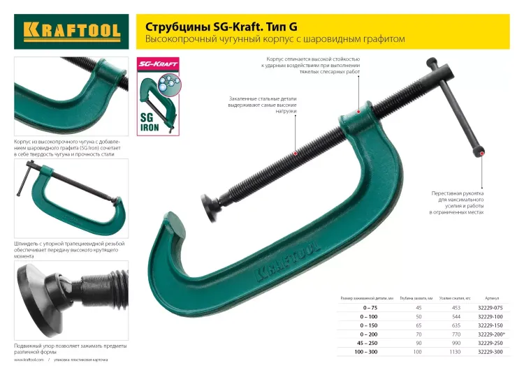 Струбцина, KRAFTOOL 32011-050-200, тип "F", DIN 5117, двухкомпонентная ручка, 50х200мм 32011-050-200 купить в Ижевске