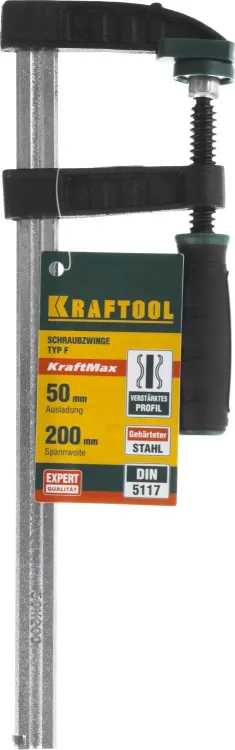 Струбцина, KRAFTOOL 32011-050-200, тип "F", DIN 5117, двухкомпонентная ручка, 50х200мм 32011-050-200 купить в Ижевске
