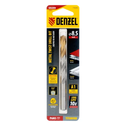 Сверло спиральное по металлу Denzel 8,5 x 117 мм, Р6М5, Golden Tip, 718240 купить в Ижевске