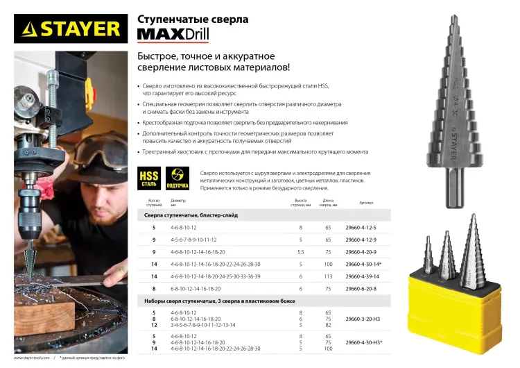 Набор STAYER "MASTER": Ступенчатые сверла по сталям и цвет.мет., сталь HSS, d=3-14мм,12ступ. d 4-12 мм 5 ступ., d 6-20мм 8ступ. 29660-3-20-H3 купить в Ижевске