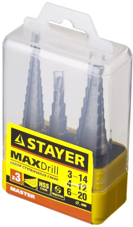 Набор STAYER "MASTER": Ступенчатые сверла по сталям и цвет.мет., сталь HSS, d=3-14мм,12ступ. d 4-12 мм 5 ступ., d 6-20мм 8ступ. 29660-3-20-H3 купить в Ижевске