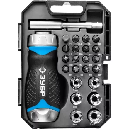 Набор ЗУБР &quot;ПРОФЕССИОНАЛ&quot;: Отвертка реверсив с двухкомп рукоят, насадки, CrMo, рукоят с отсеком для хранения бит, 24 предмета 25353-H24 купить в Ижевске