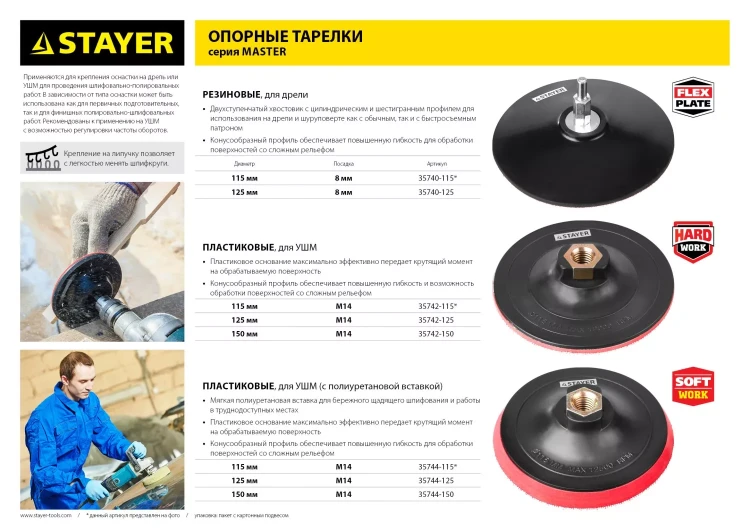 Тарелка опорная STAYER "MASTER" пластиковая для УШМ на липучке, полиуретановая вставка, d=115 мм, М14 35744-115 купить в Ижевске
