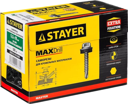 Саморезы СКМ кровельные, RAL 6005 зеленый насыщенный, 19 x 5.5 мм, 500 шт, для металлических конструкций, STAYER 30305-55-019-6005 купить в Ижевске