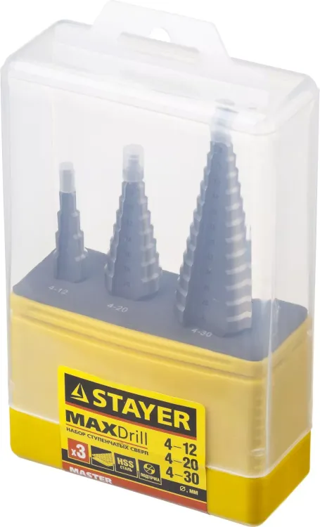 Набор STAYER "MASTER": Ступенчатые сверла по сталям и цвет.мет., сталь HSS, d=4-12мм,5 ступ. d 4-20 мм 9 ступ., d 4-30мм 14ступ. 29660-4-30-H3 купить в Ижевске