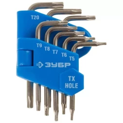 Набор ключей имбусовых ЗУБР"ЭКСПЕРТ"МИНИ для точных работ, Cr-V,TORX Т5-Т20, с отверстием,для защищенного крепежа,8шт 27477-H8
