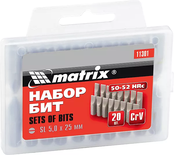 Набор бит SL5,0 x 25 мм, сталь 45Х, 20 шт., в пласт. боксе  MATRIX 11301 купить в Ижевске