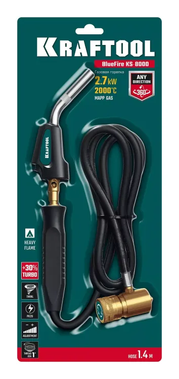 Blue Fire KS-8000  горелка для МАПП / MAPP газа,  с пъезоподжигом, на баллон c резьбовым соединением US 1, 2000°C 55512 купить в Ижевске