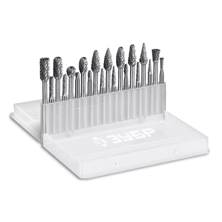 Зубр Набор твердосплавных борфрез для гравера, 20 шт.: 6 мм: B0616, C0616, D0605, E0610, F0618, G0618, H0618, L0616, M0618, N0608; 3 мм: B0314, C0314, D0303, E0306, F0313, G0314, H0313, L0313, M0311, N004 (28816-H20) купить в Ижевске