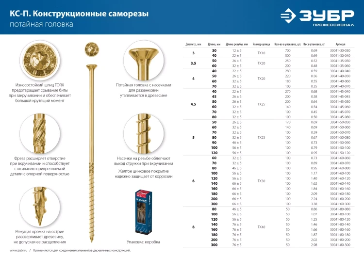 ЗУБР КС-П, 80 х 4.5 мм, TX25, потайная головка, желтый цинк, 100 шт, конструкционный саморез, Профессионал (30041-45-080) купить в Ижевске