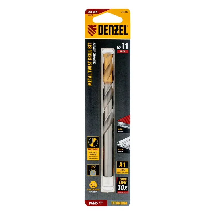 Сверло спиральное по металлу Denzel, 11 x 142 мм, Р6М5, Golden Tip, 718243 купить в Ижевске