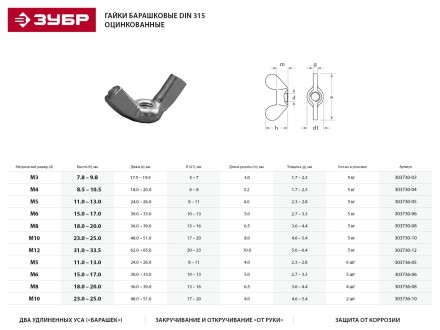 Гайка ЗУБР &quot;МАСТЕР&quot; барашковая, DIN 315, оцинкованная, M10, 5кг 303730-10 купить в Ижевске
