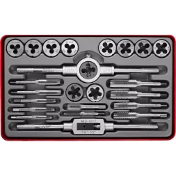 Набор ЗУБР "ЭКСПЕРТ" с металлореж. инструментом, метчики однопроходные и плашки М5-М12, оснастка-в метал. боксе, 24пред. 28116-H24