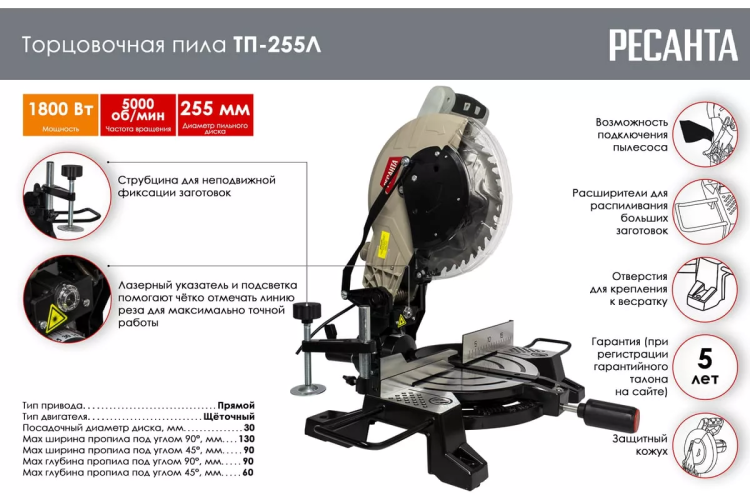 Торцовочная пила Ресанта ТП-255Л 75/18/3 купить в Ижевске