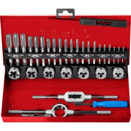 Набор ЗУБР &quot;ЭКСПЕРТ&quot; с метал.реж. инстр., метчики комплект. из 3-х штук и плашки М3-М12, оснастка-в метал.боксе, 32пред. 28129-H32 купить в Ижевске