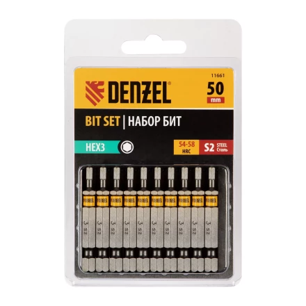 Бита HEX 3х50, сталь S2, шестигранный профиль, 10 шт. Е 6,3 Denzel 11661 купить в Ижевске
