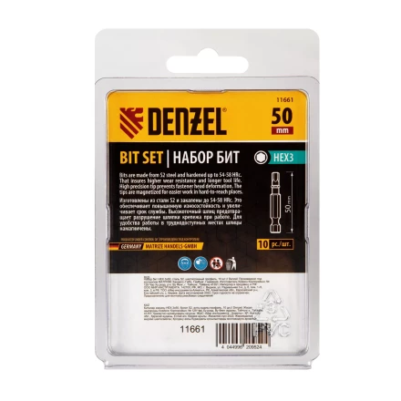 Бита HEX 3х50, сталь S2, шестигранный профиль, 10 шт. Е 6,3 Denzel 11661 купить в Ижевске