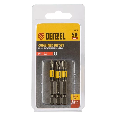 Набор бит комбинированный 3 шт., РН1, РН2, РН3, 50 мм, сталь S2 Denzel 11676 купить в Ижевске