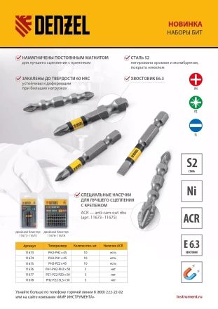 Набор бит комбинированный 3 шт., РН1, РН2, РН3, 50 мм, сталь S2 Denzel 11676 купить в Ижевске