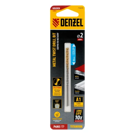 Сверло спиральное по металлу Denzel  2 х 86 мм Р6М5, Golden Tip, удлиненное, 2шт., 718245 купить в Ижевске