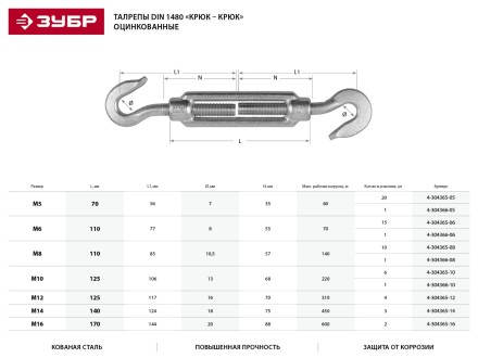 Талреп ЗУБР &quot;ПРОФЕССИОНАЛ&quot; DIN 1480, крюк-крюк, оцинкованный, кованая натяжная муфта, М12, 4 шт 4-304365-12 купить в Ижевске