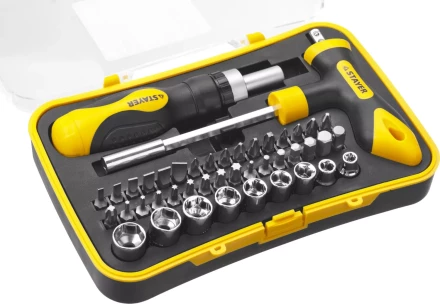 Набор STAYER &quot;MASTER&quot; &quot;HERCULES&quot;: Отвертка реверсивная, Т-образная отвертка-битодержатель, адаптер для торц голов, 43 предм 25084-H43 купить в Ижевске