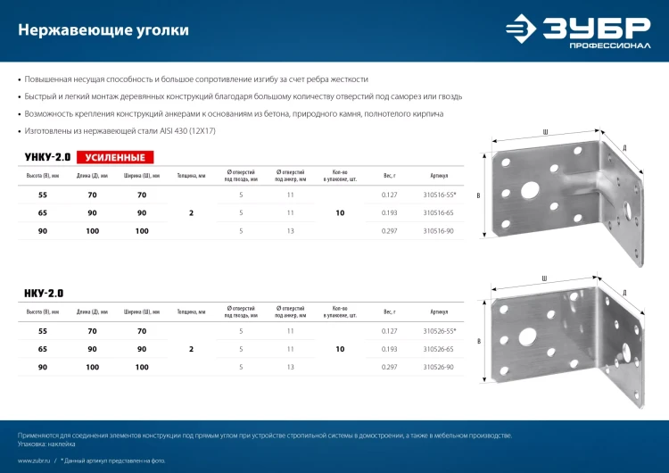 ЗУБР УНКУ-2.0, 65 x 90 x 90 x 2 мм, усиленный нержавеющий крепежный уголок, Профессионал (310516-65) купить в Ижевске